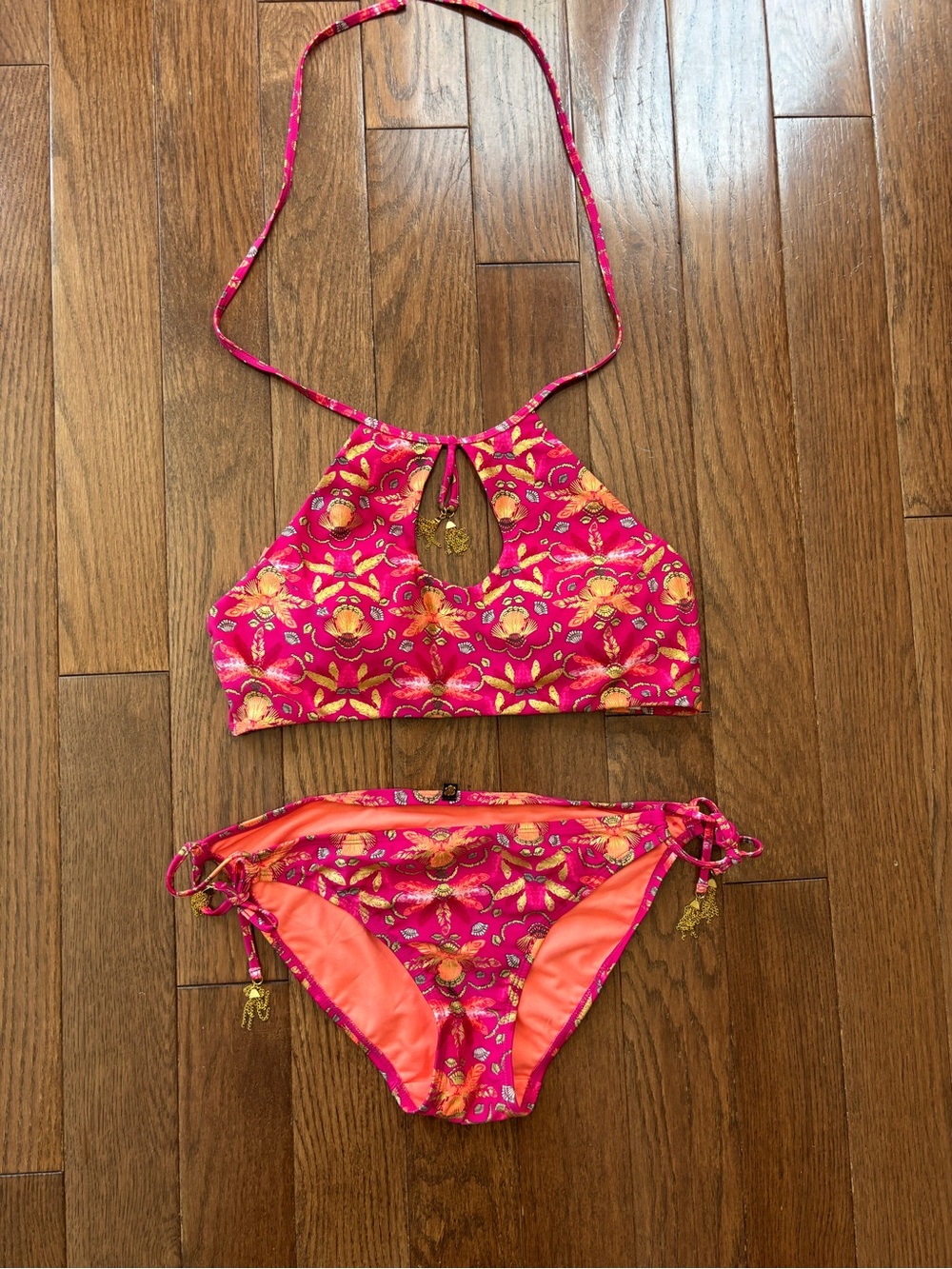 NWOT Floral Keyhole Halter Bikini Set - Fuchsia Pink - Picture 2 of 4